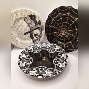 Halloween Decorative Plate Set of 3: Skull, Spiderweb & Gothic Black/Gold Accent